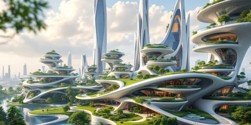 Futuristic buildings with green terraces in an urban landscape.