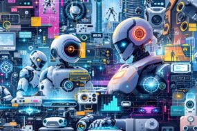 Futuristic technology collage with robots and smart devices.