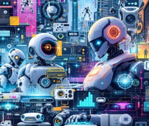 Futuristic technology collage with robots and smart devices.