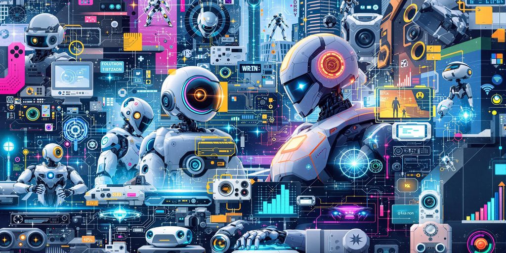 Futuristic technology collage with robots and smart devices.