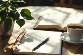 Calm workspace with plant, tea, and notebook.