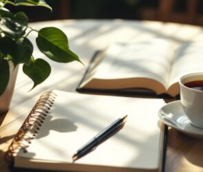 Calm workspace with plant, tea, and notebook.