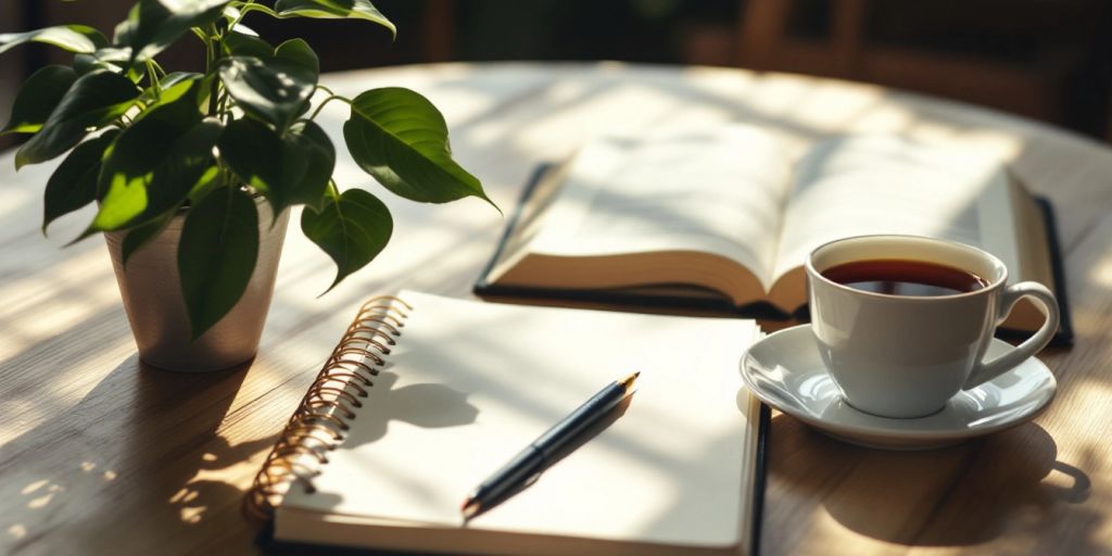 Calm workspace with plant, tea, and notebook.