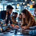 Diverse team collaborating in a modern technology workspace.