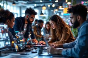 Diverse team collaborating in a modern technology workspace.