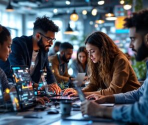 Diverse team collaborating in a modern technology workspace.