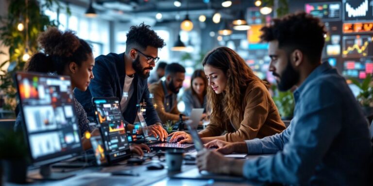 Diverse team collaborating in a modern technology workspace.