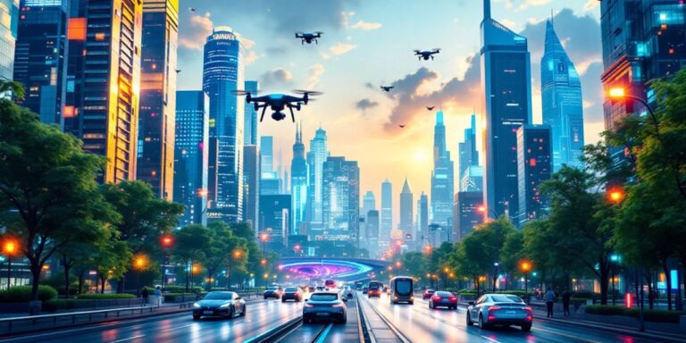 Futuristic cityscape with drones and electric vehicles.