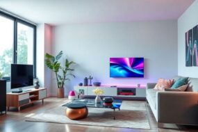 Futuristic gadgets in a modern living room.