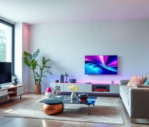 Futuristic gadgets in a modern living room.