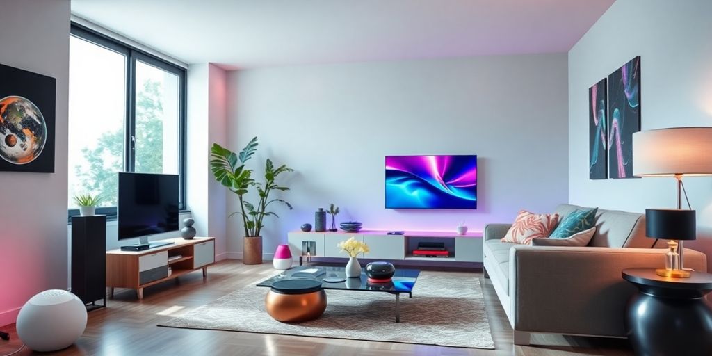 Futuristic gadgets in a modern living room.