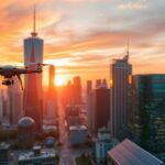 Futuristic city skyline with technology elements at sunset.