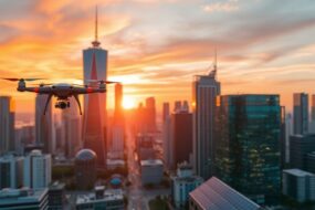 Futuristic city skyline with technology elements at sunset.