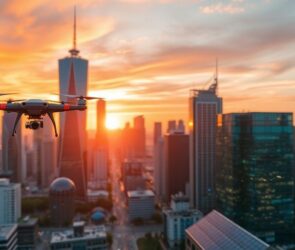 Futuristic city skyline with technology elements at sunset.