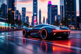 Futuristic car in a neon-lit city at dusk.