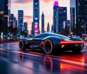 Futuristic car in a neon-lit city at dusk.