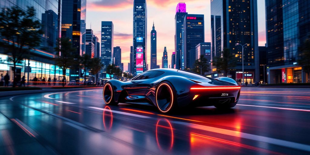 Futuristic car in a neon-lit city at dusk.