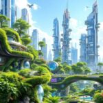 Futuristic cityscape with greenery and innovative architecture.