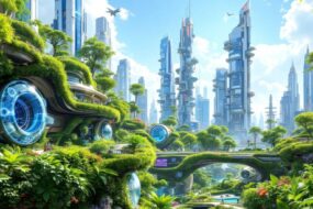 Futuristic cityscape with greenery and innovative architecture.