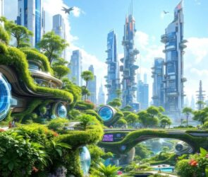 Futuristic cityscape with greenery and innovative architecture.