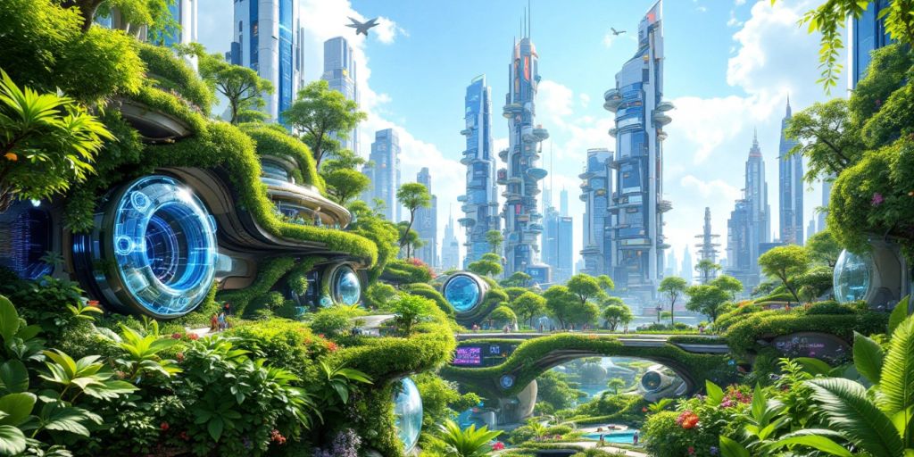 Futuristic cityscape with greenery and innovative architecture.