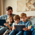 Family enjoying time together with technology in a cozy room.