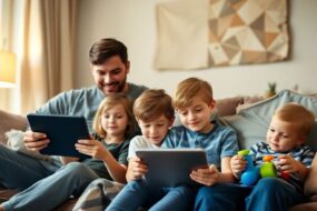 Family enjoying time together with technology in a cozy room.