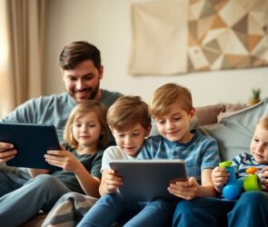 Family enjoying time together with technology in a cozy room.