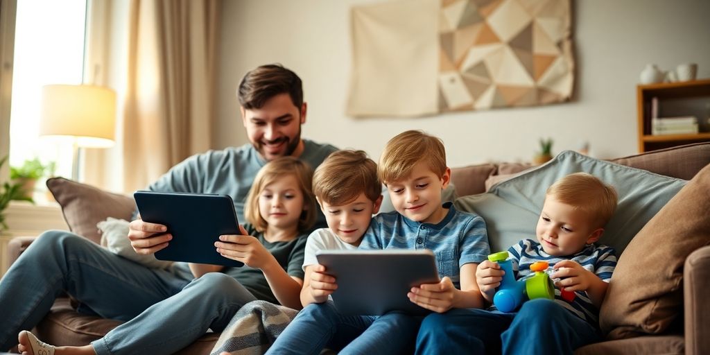 Family enjoying time together with technology in a cozy room.