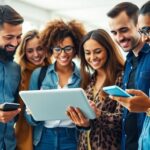 Group of friends using technology in a lively setting.