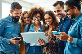 Group of friends using technology in a lively setting.