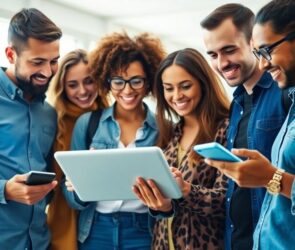 Group of friends using technology in a lively setting.