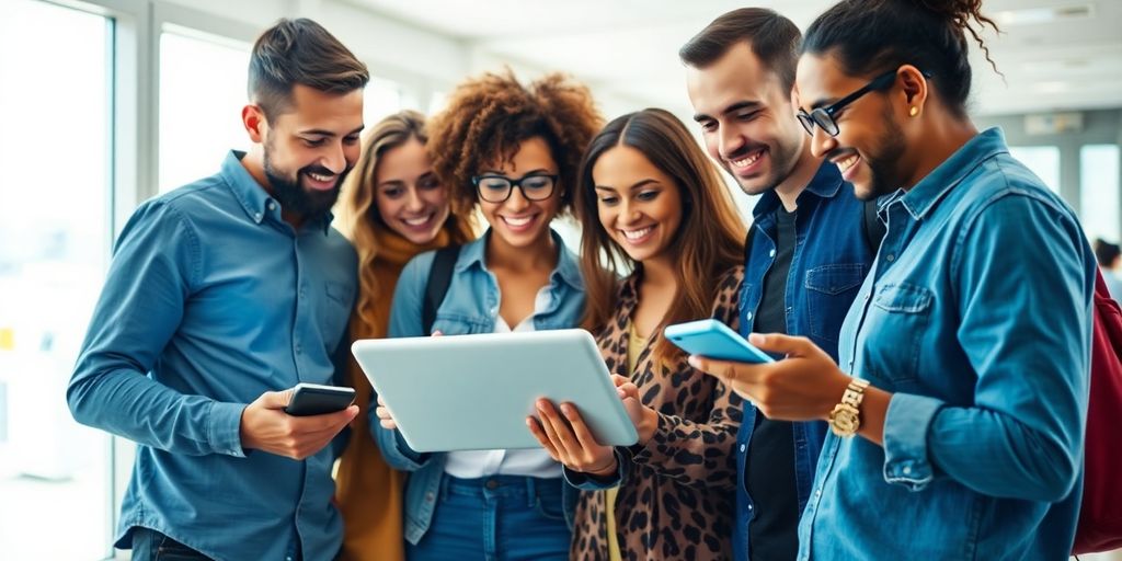 Group of friends using technology in a lively setting.