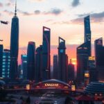 Futuristic cityscape with neon lights and flying vehicles.