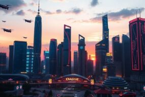 Futuristic cityscape with neon lights and flying vehicles.