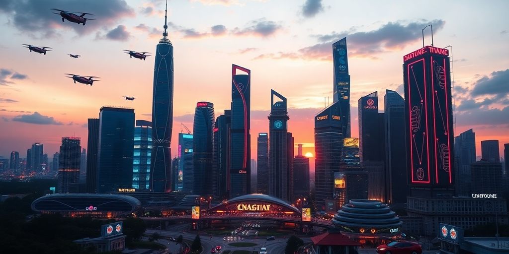 Futuristic cityscape with neon lights and flying vehicles.