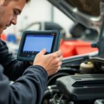 Mechanic using Tech 2 for automotive diagnostics.