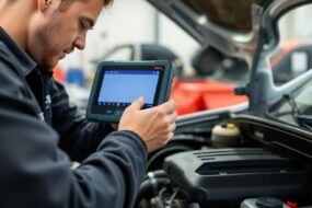 Mechanic using Tech 2 for automotive diagnostics.