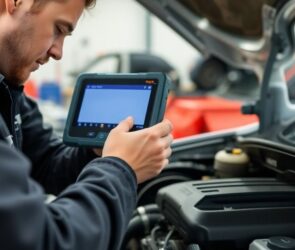 Mechanic using Tech 2 for automotive diagnostics.