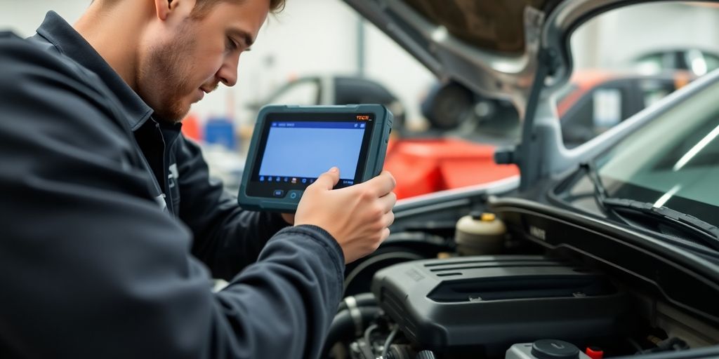 Mechanic using Tech 2 for automotive diagnostics.