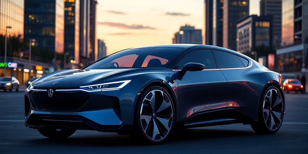 Futuristic car in urban setting at dusk.