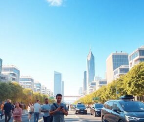 People using technology in a bustling urban environment.