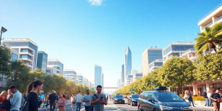 People using technology in a bustling urban environment.