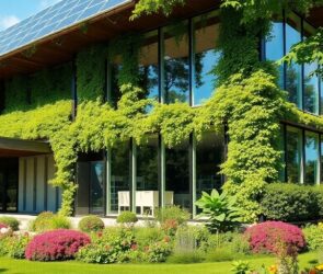 Modern architecture with greenery and solar panels.