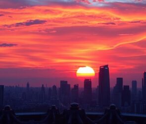 Futuristic city skyline at sunset with vibrant colors.